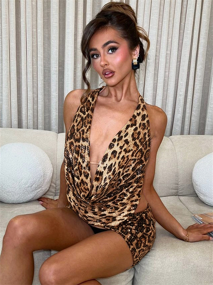 Leopard Print Low Cut Sequin Mini Skirt Set