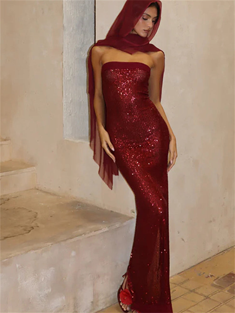 Sequined Split Evening Gown Dress