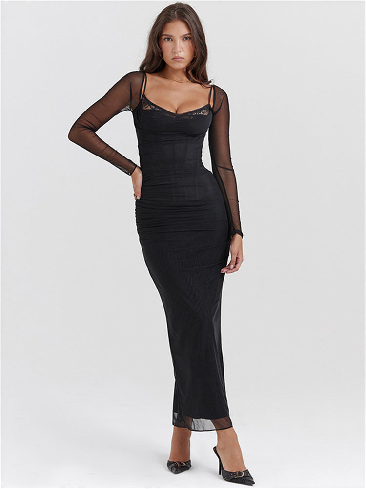 Mesh Long Sleeve Split Maxi Dress