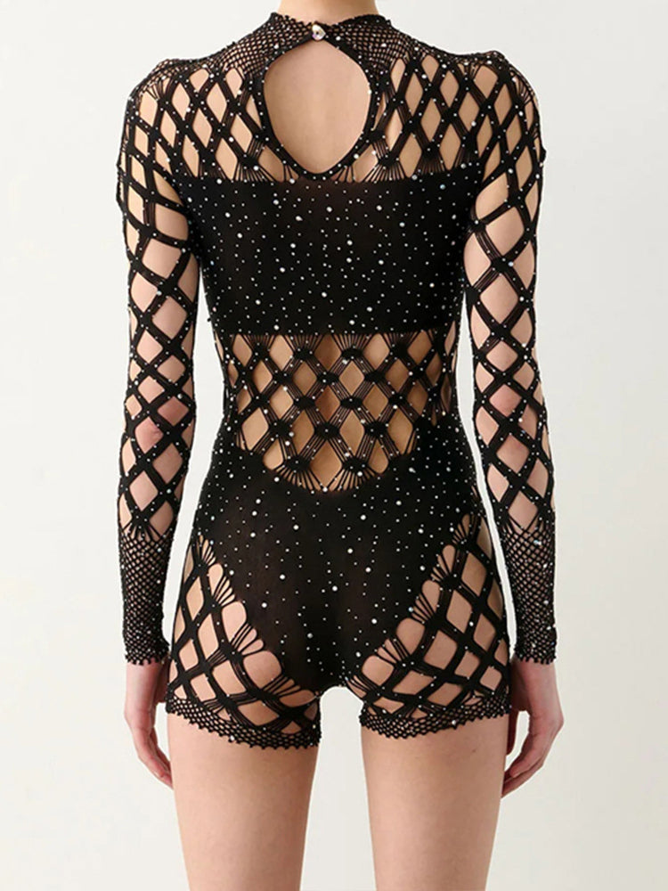 See-through Rhinestone Cut-Out Playsuit