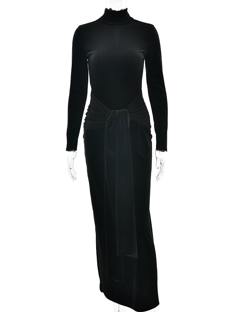 Turtleneck Velvet Lace Up Maxi Dress