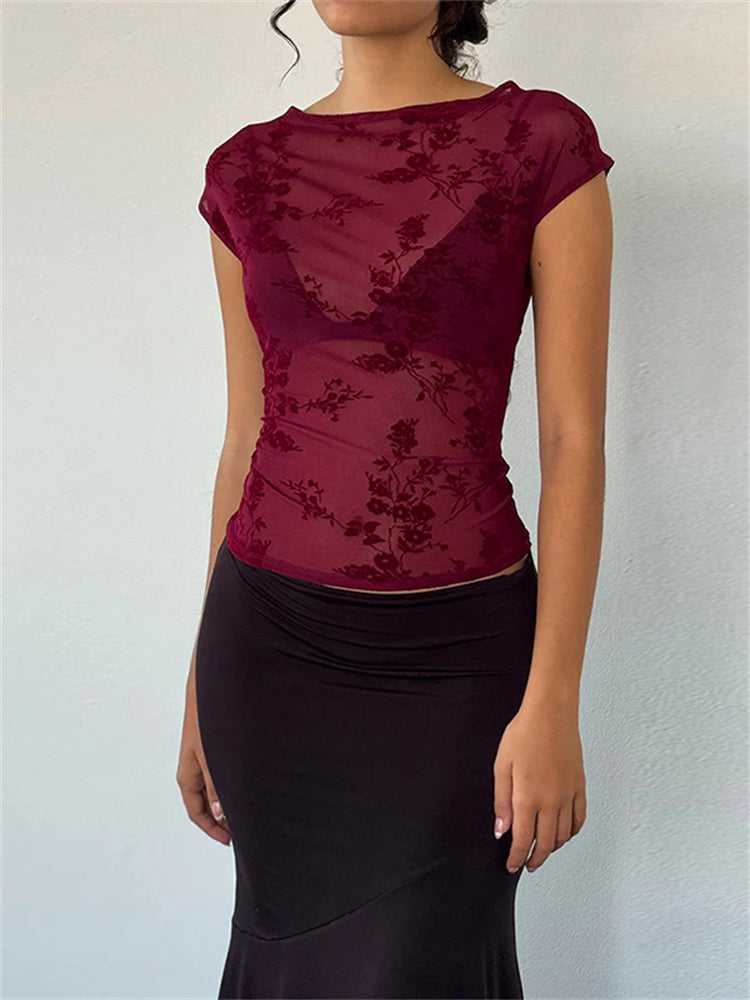 Velvet Mesh Sheer Short Sleeve T-Shirt