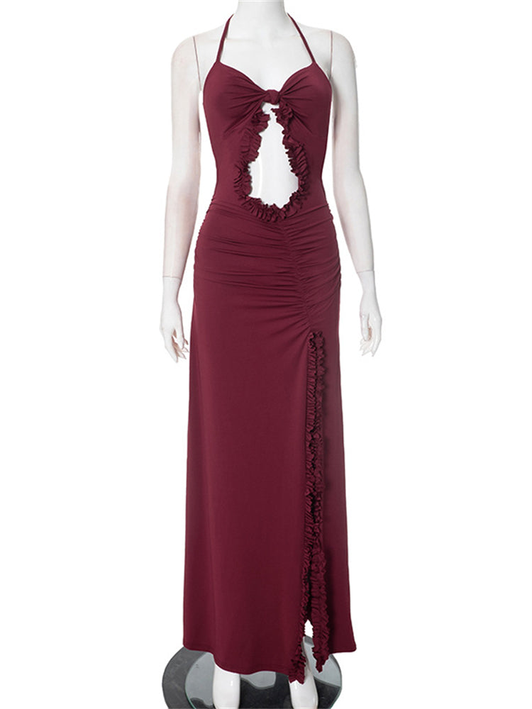 Ruffled Edge Twist Knot Cut-out Slip Maxi Dress