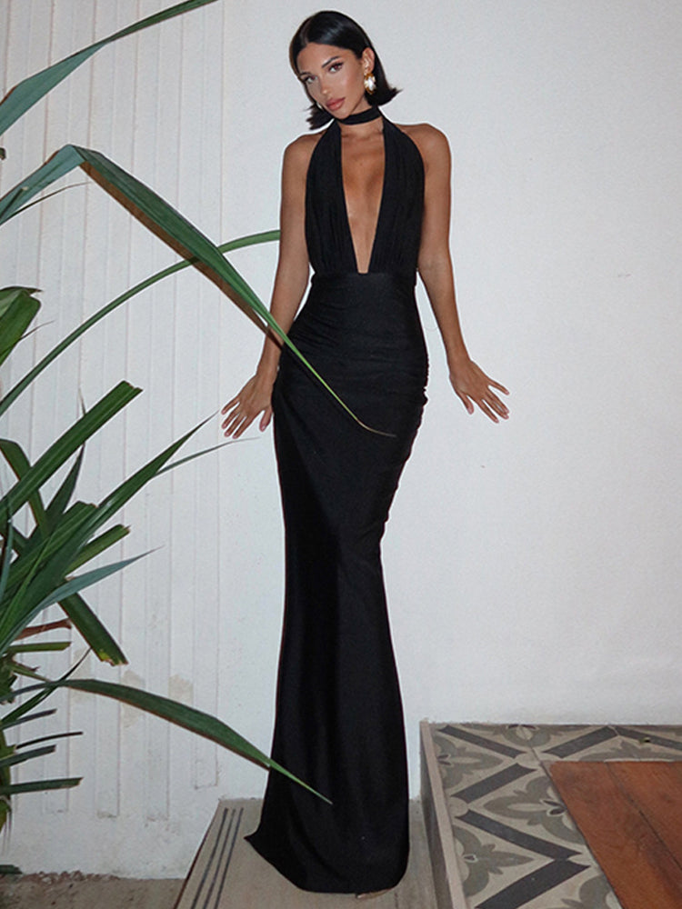 V-Neck Halter Backless Split Maxi Dress