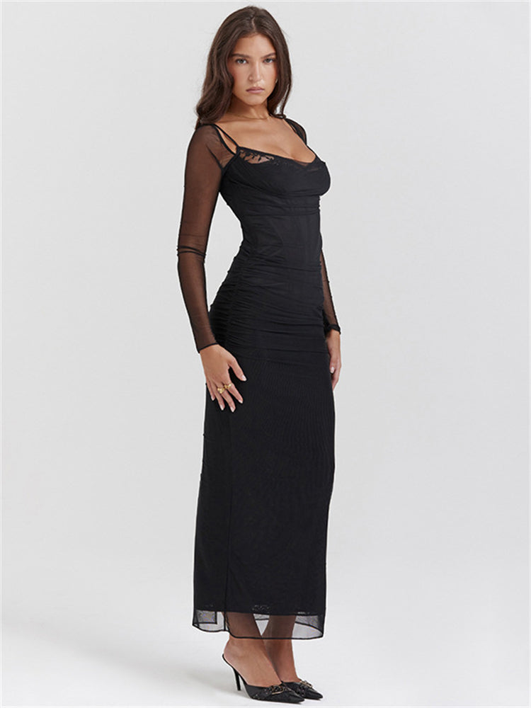 Mesh Long Sleeve Split Maxi Dress