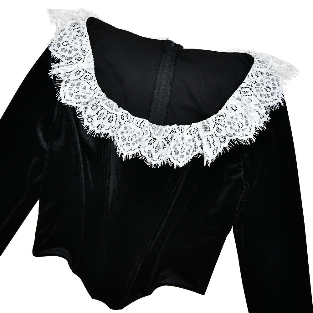 Spliced Lace Velvet Herringbone Top