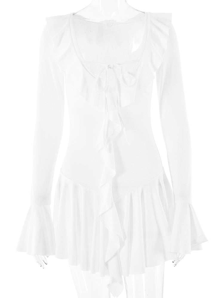 Deep V-Neck Lacing Ruffles Mini Dress