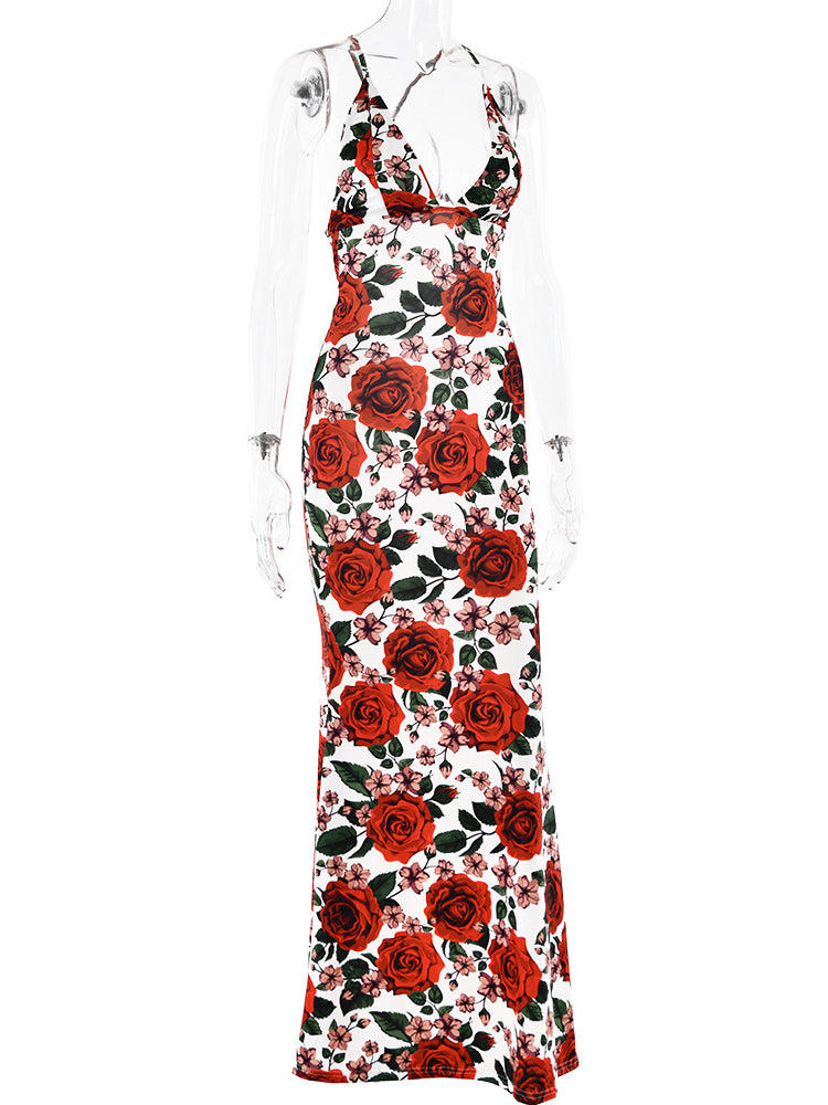 Deep V-Neck Floral Print Maxi Dress