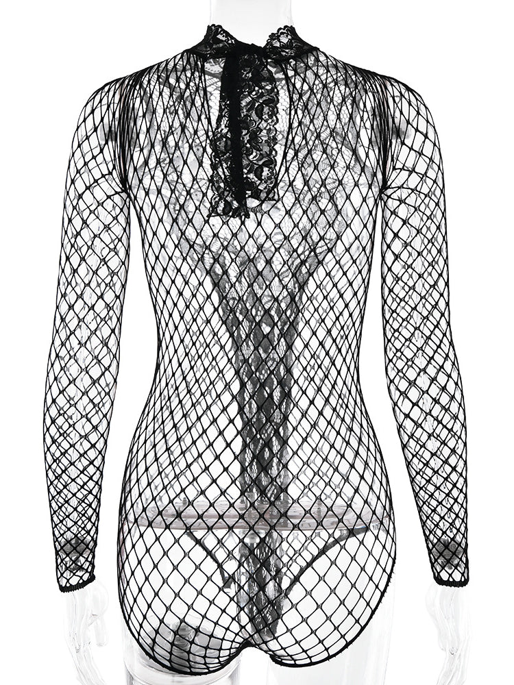 Hot Diamond Hollow Out One-Piece Mesh Bodysuit