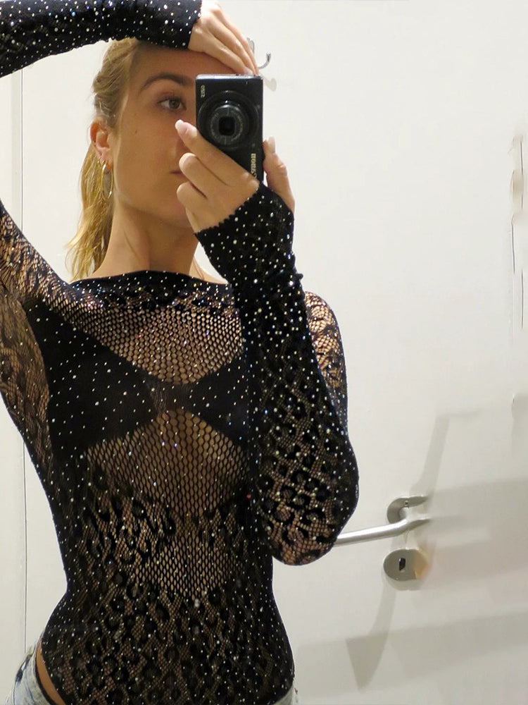 Knit Sheer Hollow Rhinestone Bodysuit