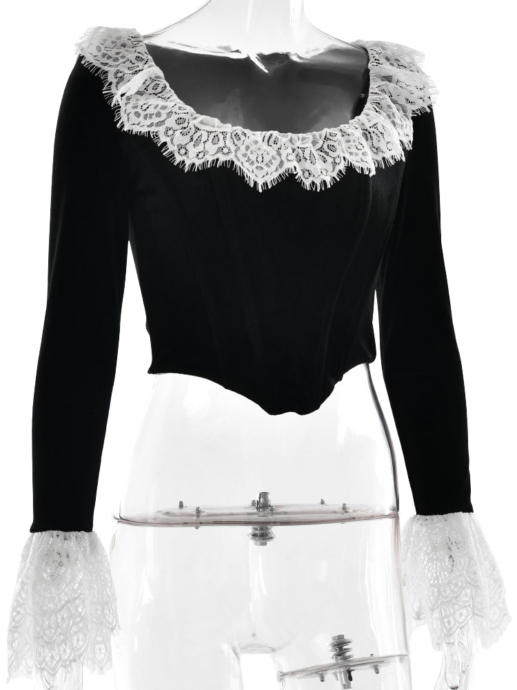 Spliced Lace Velvet Herringbone Top