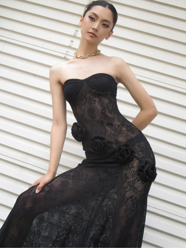 Strapless Cubic Floral Lace Dress