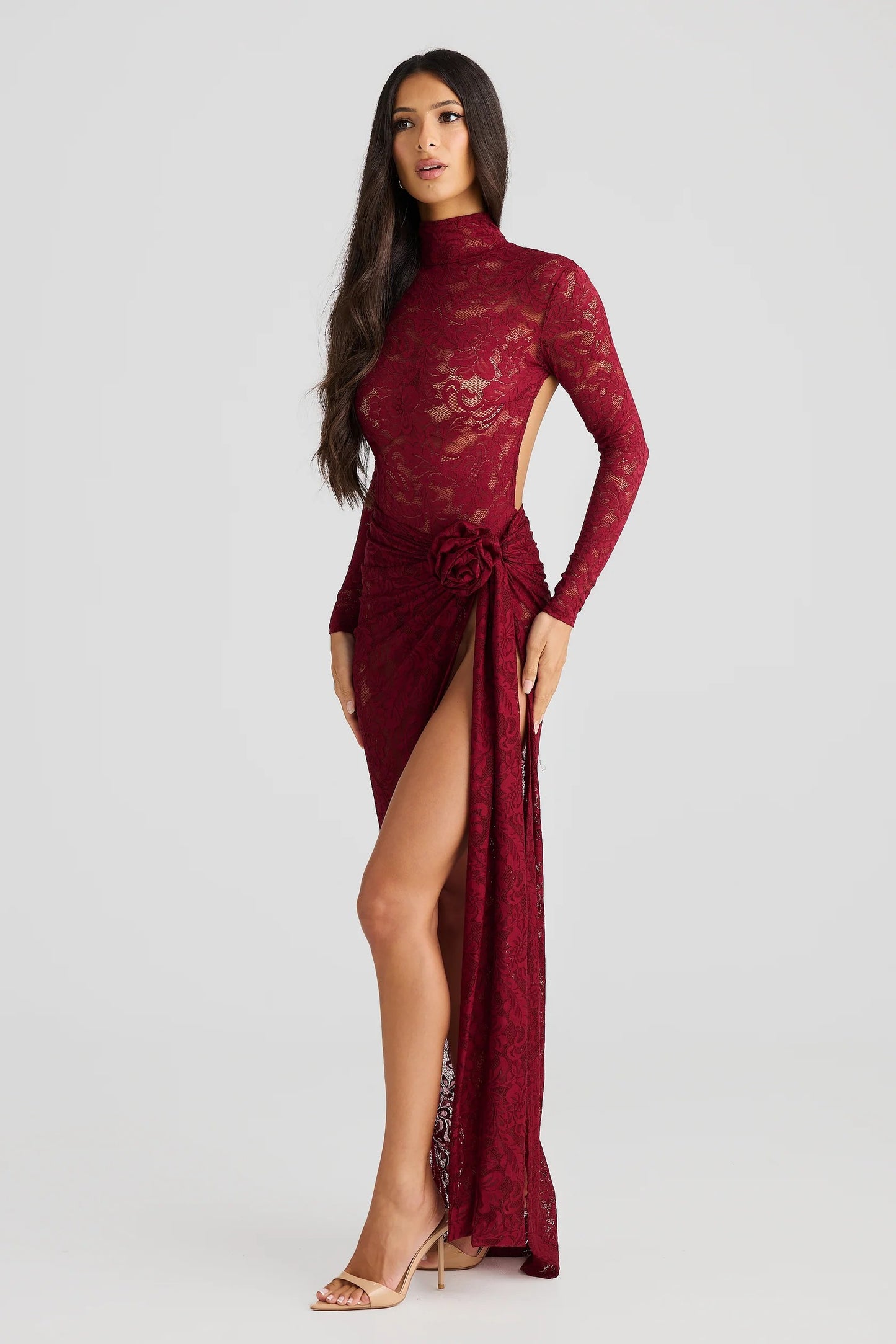 Sheer Backless Bodysuit Split Long Dress Set